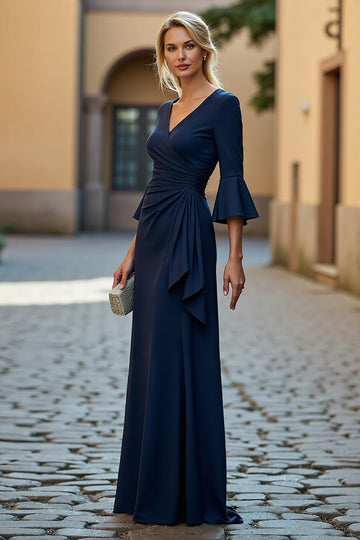Navy V-Neck Ruched Stretch Satin Mermaid Mother of the Bride Dress